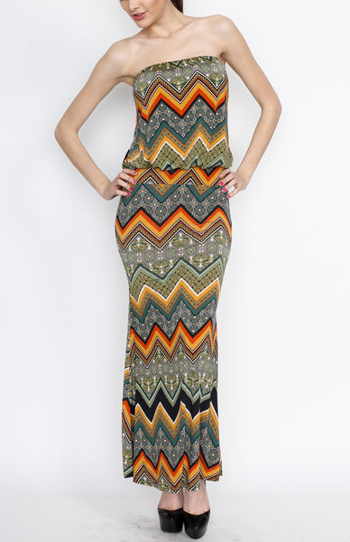 Dark Green Chevron Maxi Dress with Strap