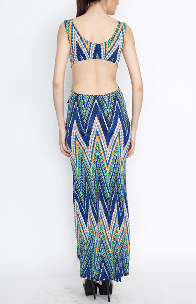 Blue Aztec Open Back with Side Slit Maxi Dress