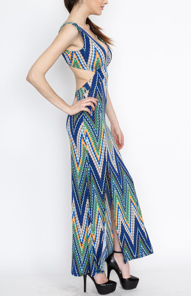 Blue Aztec Open Back with Side Slit Maxi Dress