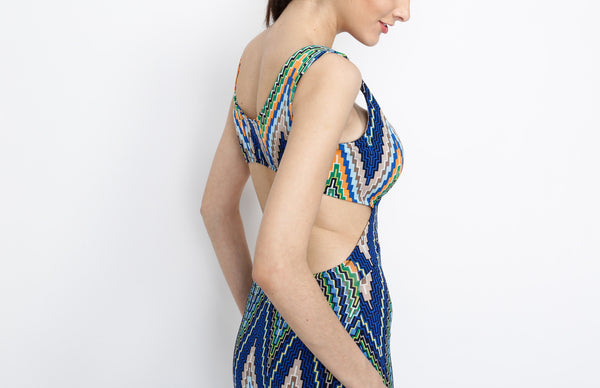 Blue Aztec Open Back with Side Slit Maxi Dress