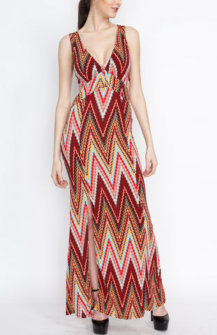 Red Aztec Open Back with Side Slit Maxi Dress