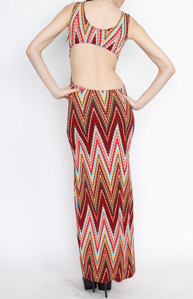 Red Aztec Open Back with Side Slit Maxi Dress