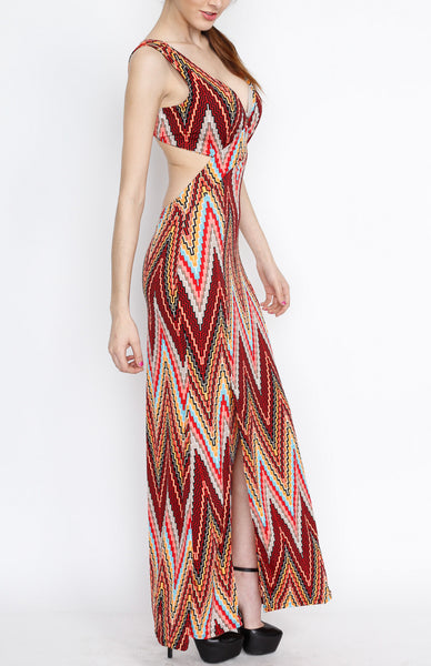 Red Aztec Open Back with Side Slit Maxi Dress