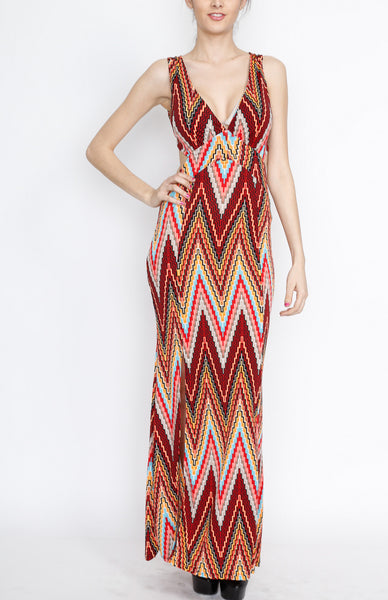 Red Aztec Open Back with Side Slit Maxi Dress