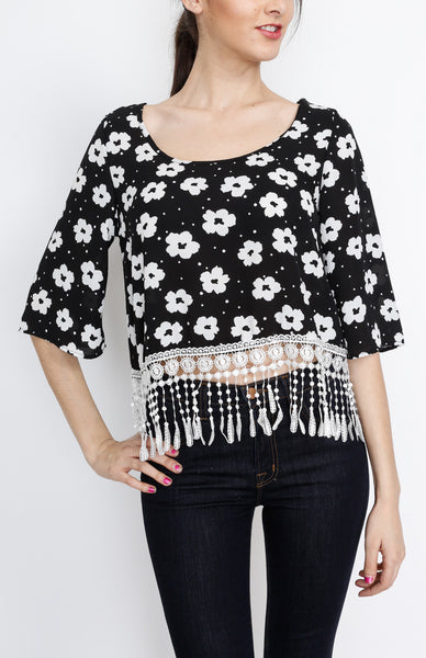 Black Floral Fringe 3/4 Top