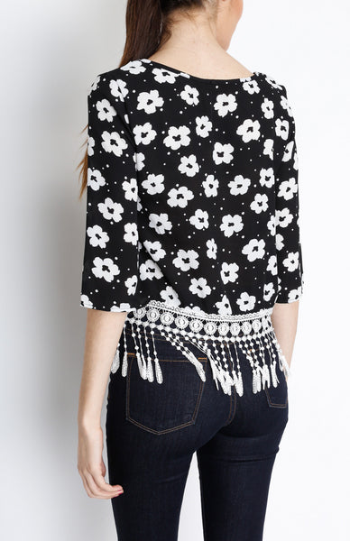 Black Floral Fringe 3/4 Top