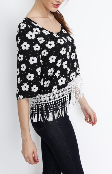 Black Floral Fringe 3/4 Top