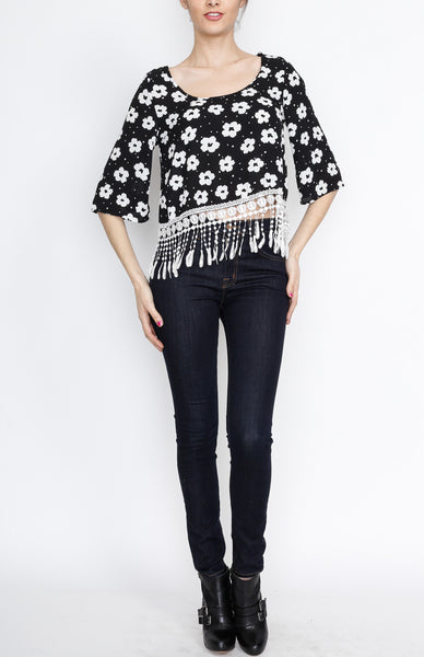 Black Floral Fringe 3/4 Top