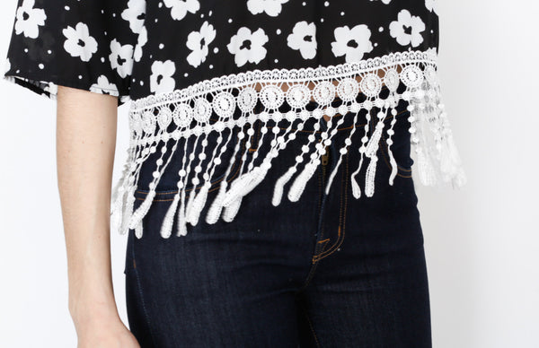 Black Floral Fringe 3/4 Top