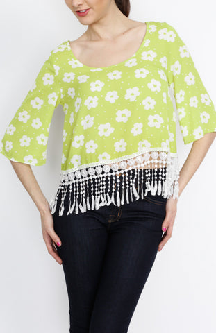 Light Green Floral Fringe 3/4 Top