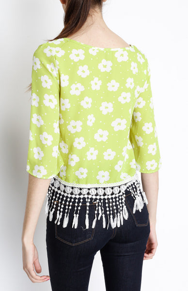 Light Green Floral Fringe 3/4 Top