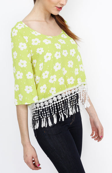 Light Green Floral Fringe 3/4 Top