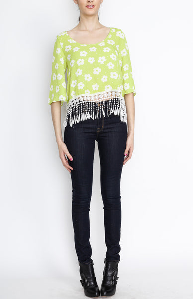 Light Green Floral Fringe 3/4 Top