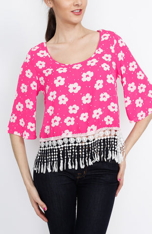 Pink Floral Fringe 3/4 Top