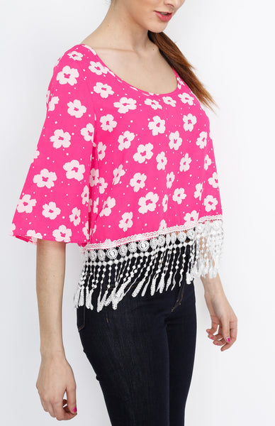 Pink Floral Fringe 3/4 Top