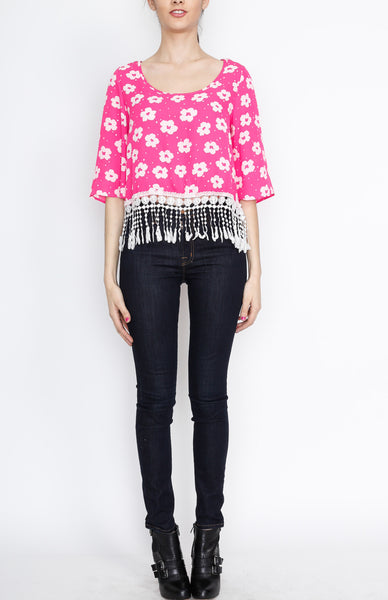 Pink Floral Fringe 3/4 Top