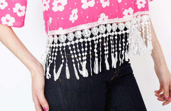 Pink Floral Fringe 3/4 Top