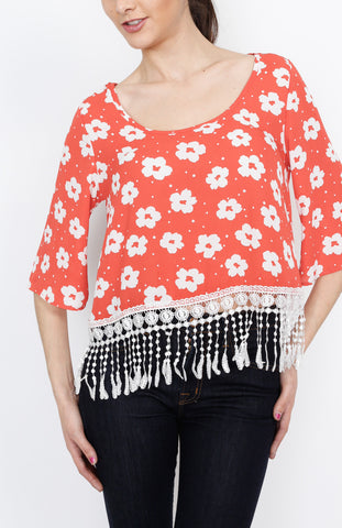 Red Floral Fringe 3/4 Top