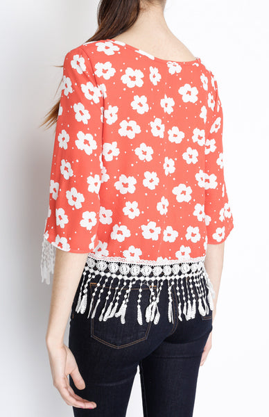 Red Floral Fringe 3/4 Top