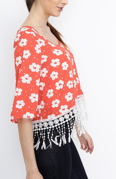 Red Floral Fringe 3/4 Top