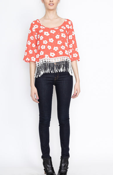 Red Floral Fringe 3/4 Top