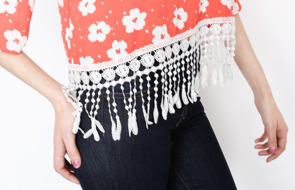 Red Floral Fringe 3/4 Top