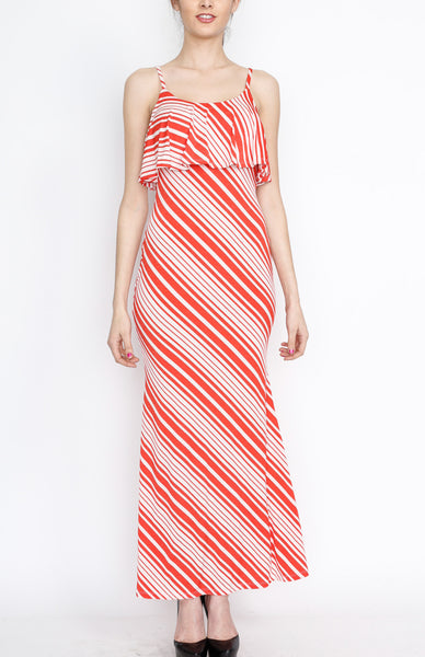 Red Striped Ruffle Maxi Dress