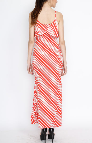 Red Striped Ruffle Maxi Dress