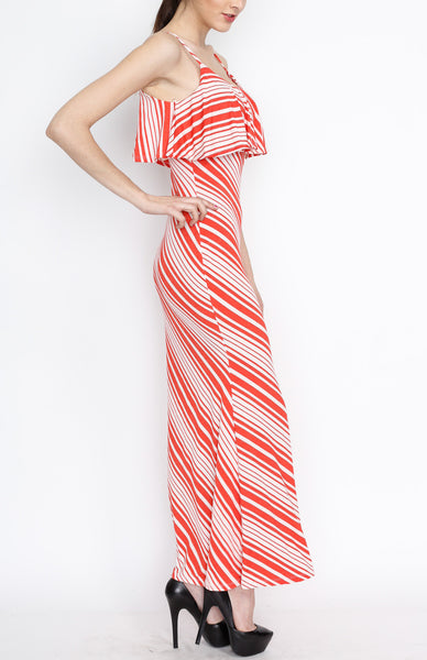 Red Striped Ruffle Maxi Dress