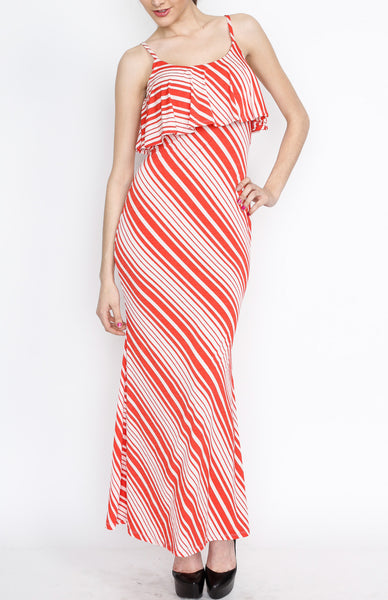 Red Striped Ruffle Maxi Dress