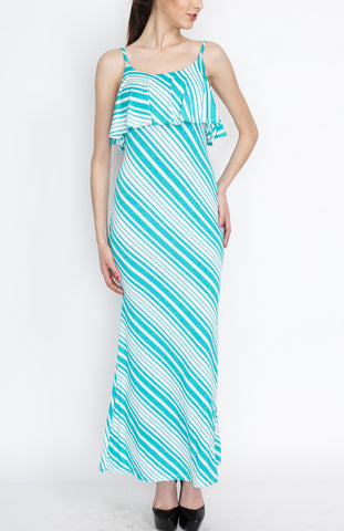 Teal Striped Ruffle Maxi Dress