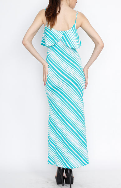 Teal Striped Ruffle Maxi Dress