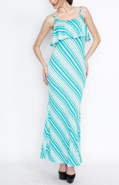 Teal Striped Ruffle Maxi Dress