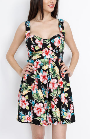 Black Floral Skater Dress with Tie back Detail