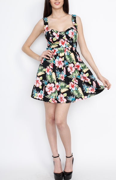 Black Floral Skater Dress with Tie back Detail