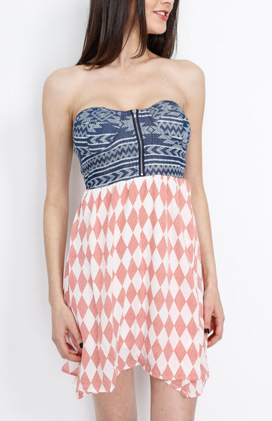 Denim Tribal Inspired Dress with Strap and Front Zipper Detail