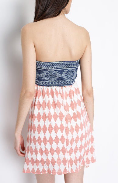 Denim Tribal Inspired Dress with Strap and Front Zipper Detail