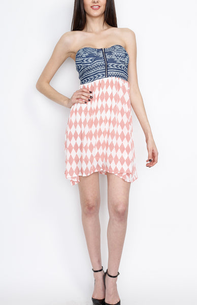 Denim Tribal Inspired Dress with Strap and Front Zipper Detail