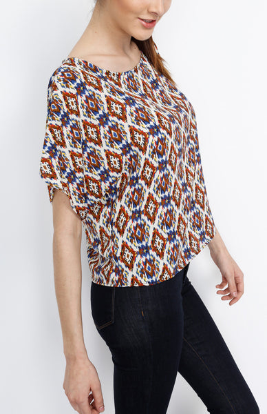 Blue Tribal Print Top with Back Zipper Detail