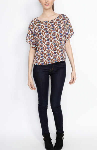 Blue Tribal Print Top with Back Zipper Detail