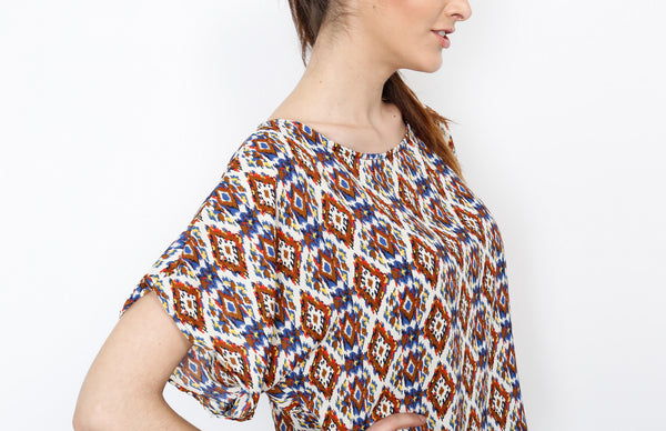 Blue Tribal Print Top with Back Zipper Detail