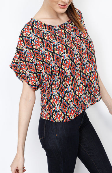 Red Tribal Print Top with Back Zipper Detail