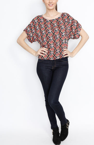 Red Tribal Print Top with Back Zipper Detail