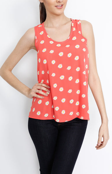 Floral Tank Top with Crochet Back Detail in Coral