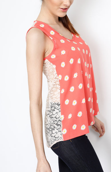 Floral Tank Top with Crochet Back Detail in Coral