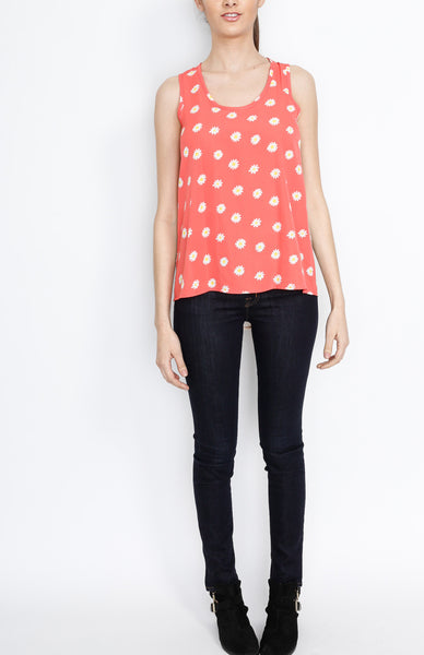 Floral Tank Top with Crochet Back Detail in Coral