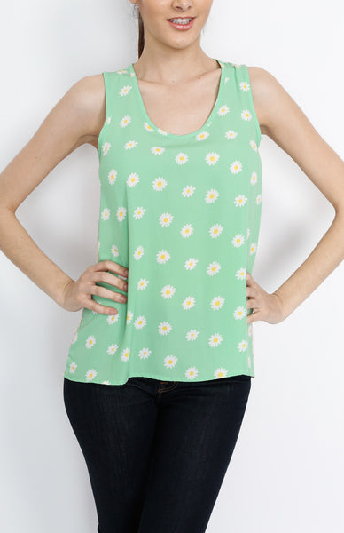 Floral Tank Top with Crochet Back Detail in Mint