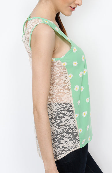 Floral Tank Top with Crochet Back Detail in Mint