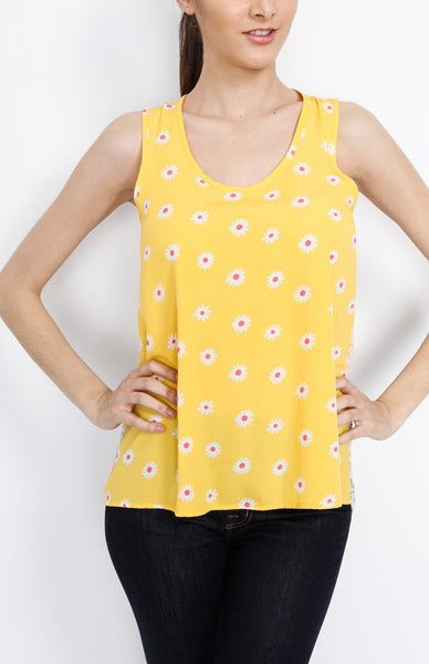 Floral Tank Top with Crochet Back Detail in Yellow