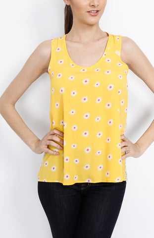 Floral Tank Top with Crochet Back Detail in Yellow